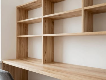 A modern home office with custom built-in shelving and desk, light wood, scribed perfectly to an uneven plaster wall, bright daylight, sharp focus.