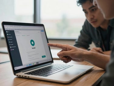 Close-up of hands pointing at a laptop screen showing a Slack interface with an active automation bot thread, team member beside them leaning in, natural daylight from a nearby window, conference room table visible in foreground