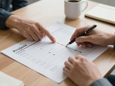 Close-up of two hands pointing at a printed project timeline spread across a conference table, a pen marking a milestone, coffee mug and notebook visible at the edge, soft natural office light from above