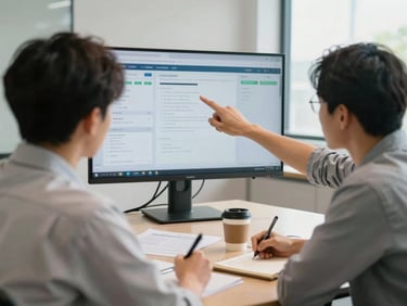 Over-the-shoulder view of two people in a conference room, one pointing at a dashboard on a large monitor mid-analysis, the other taking notes in a notebook, natural window light from the right side, coffee cups and printed documents visible on the table, relaxed focused working atmosphere