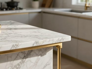 Close-up of precise material transitions in a modern kitchen, focusing on marble island edge and brushed brass fixtures