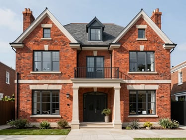 Exterior architectural shot of a restored red-brick Edwardian villa with clean modern landscaping, bright daylight