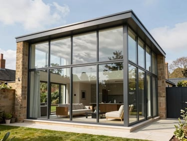 Premium architectural interior shot of a luxury double-storey glass extension on a Cheshire manor, bright natural daylight