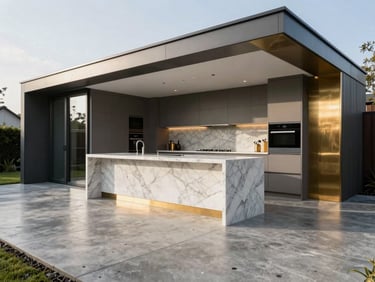Low-angle architectural photograph of a bespoke modern kitchen extension in Cheshire, featuring polished concrete floors, marble island, and brushed brass details under bright natural daylight.