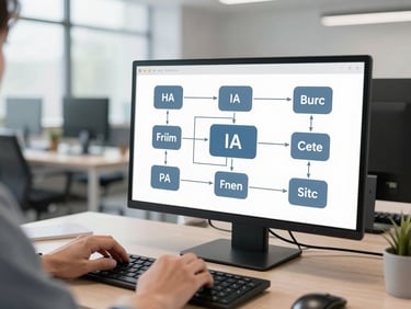 Diagrama de flujo de automatización con nodos de IA en una pantalla, manos de un ingeniero sobre un teclado, oficina moderna.