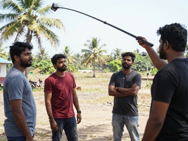 Medium wide shot, a South Indian film crew on location — sound recordist holding a boom above two actors reviewed by a director, open-air setting with palm trees and dry terrain in background, bright midday natural light, candid documentary angle