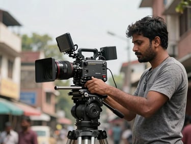 Medium shot, a Bengali film set — cinematographer adjusting a camera mounted on a low rig, Kolkata neighbourhood architecture visible in soft background, overcast natural daylight, documentary framing