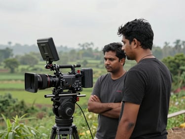 Behind-the-scenes medium shot on a Northeast India film location — camera operator and director huddled over a monitor, lush green Assamese landscape in background, diffused overcast light, candid working angle