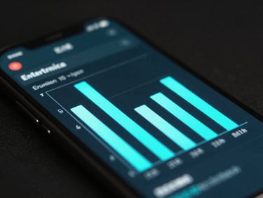 Macro shot of a sleek smartphone screen displaying an enterprise telemetry dashboard with glowing cyan bars, dark moody background, 35mm