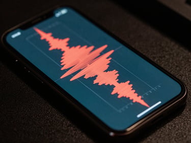 Close-up of a mobile device screen showing a high-fidelity audio waveform visualization with vibrant coral accents, dark studio setup