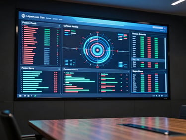 Clean corporate boardroom with an active interactive panel displaying technical data, dark ambient background with the display as primary light source, 50mm lens