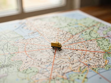 Overhead close-up of a map showing a 5-mile radius around Manchester, UK, with a small delivery truck icon, soft natural light, warm tones, 35mm
