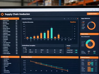 High-contrast data dashboard displaying complex supply chain metrics, with a subtle hint of safety orange in the UI elements, cool crisp lighting, sharp focus, 35mm.