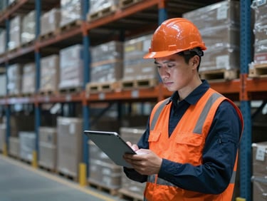 Industrial photograph of a warehouse worker operating a tablet device, integrating physical stock movement with digital records, cool crisp warehouse lighting, deep slate and safety orange tones, sharp focus, 35mm.