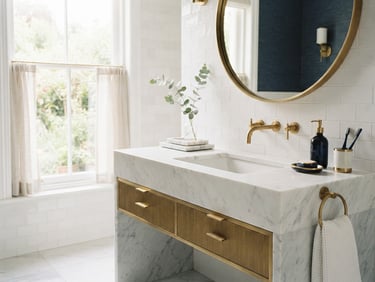 Bright architectural photography of a luxury master bathroom vanity, clean white marble, warm brass fixtures, soft natural window light, editorial style, 35mm.