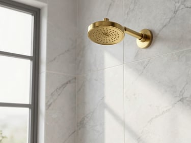 Detail shot of perfectly aligned marble tiles with mitred edges, brass shower head, warm natural light.