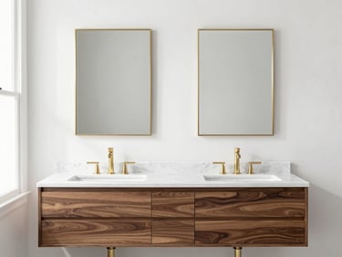 A custom walnut double vanity with clean architectural symmetry, undermount sinks, and minimalist brass mirrors.