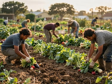 A vibrant local garden with community members harvesting fresh vegetables under soft golden-hour light, rich organic earth tones, 35mm lens.
