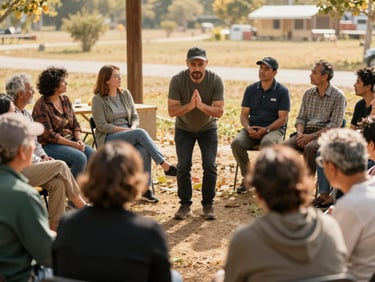 An active outdoor community workshop with a local educator demonstrating health practices to an engaged group of adults under warm daylight, authentic documentary style.