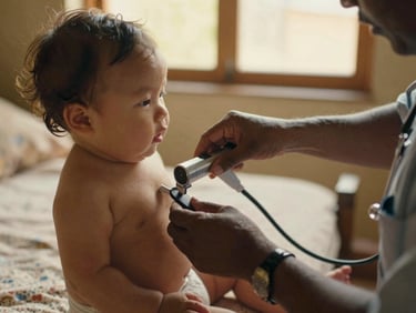 Dignified close-up shot of a healthcare worker gently measuring a baby's growth in a warm, naturally lit room, authentic documentary style, 35mm lens.
