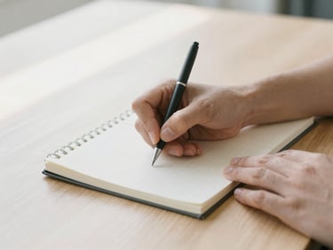 Medium close up of hands writing in a clinical notebook on a wooden desk, soft diffused natural daylight, geometric intersections of light