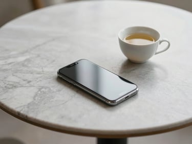 A smartphone resting on a minimalist marble table next to a cup of tea, soft daylight, serene and grounding