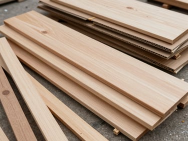 Overhead close-up of sorted wood and recyclable debris — timber offcuts, cardboard, clean wood panels — stacked in an organized group on a concrete surface, natural daylight, overcast light, no text, documentary framing