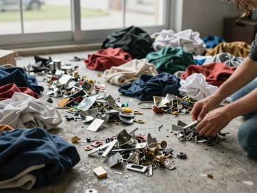 Close environmental shot of hands sorting through a mixed pile of salvageable items on a concrete floor, separating metal pieces from textile bundles, natural daylight from a nearby window, overcast exterior light, no posed figures, wide angle showing the organized separation zones