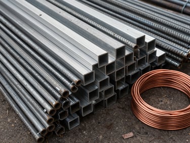 Overhead close-up of a sorted pile of scrap metals — steel rods, aluminum profiles, copper wire — arranged in a tight grouping on a warehouse floor, natural daylight, no text or labels, documentary framing