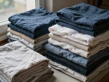 Overhead close-up of folded and stacked textiles — clothing, curtains, linens — sorted into a clean pile on a cleared floor, natural window light, overcast outdoor daylight visible, no people, documentary framing