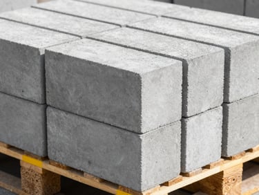 Macro shot of high-quality grey cement blocks stacked neatly on a wooden pallet, sharp concrete texture, bright daylight