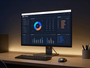 A clean modern workspace with ScaleMax Digital analytics dashboard displayed on a screen, dramatic gold lighting, premium editorial style