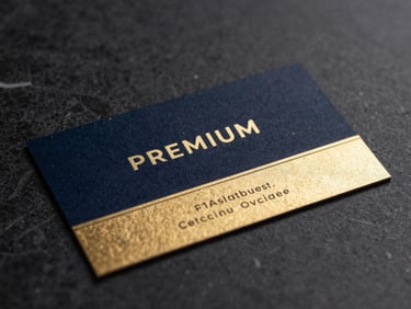A premium physical business card resting on a dark marble surface, sharp focus, gold accents, professional photography