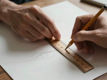 Close-up of hands drawing a pattern with a wooden ruler and pencil on heavy draft paper, soft overhead daylight casting gentle shadows.