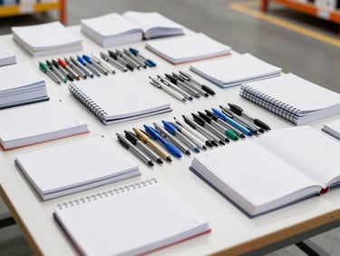 Clean organized arrangement of bulk school notebooks and pens on a bright warehouse packing table, daylight, sharp industrial focus