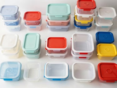 Overhead flat-lay of colorful organized plastic kitchen storage containers, bright high-key warehouse lighting, sharp focus