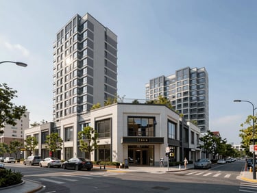 Wide shot of a completed mixed-use development block with ground-floor retail podium and two residential towers behind, photographed from across the street at eye level, sharp afternoon light, occupied and active