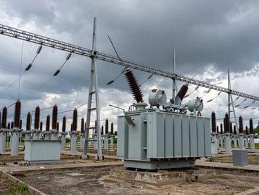 Wide panoramic shot of an electrical substation with high-voltage transformers, steel gantry structures under a dramatic overcast sky.