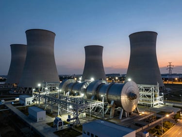 Wide panoramic view of a massive modern power generation facility at dusk, steel turbines and high-voltage infrastructure, dramatic high-contrast lighting.