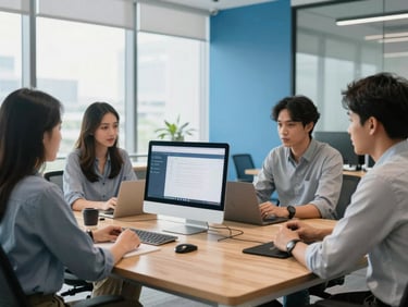 Bright modern software development office in Jakarta, collaborative meeting around a clean wooden table, professional setting, natural light