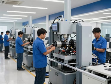 Modern clean automotive assembly line in Indonesia, high-tech machinery, professional workers in blue uniforms, bright daylight, sharp focus