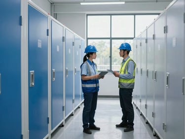 Modern cold storage warehouse facility, professional staff in safety gear inspecting inventory, clean blue and grey tones, bright lighting