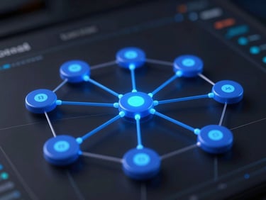 Extreme close-up of a 3D digital interface, Unreal Engine node graph with glowing blue connections, dark high-contrast studio lighting.
