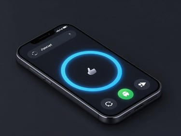 Sleek dark-mode digital rendering of an Android phone screen showing a thumb-optimized circular menu, electric blue accent lighting, isometric angle, 3d render