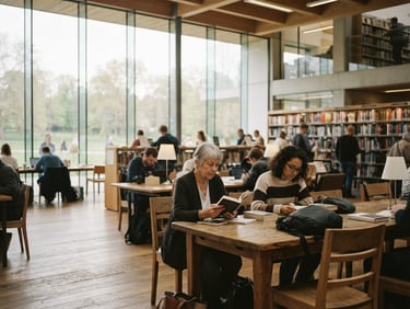 A wide environmental portrait of a modern, sunlit community library with large windows, warm muted tones, documentary film photography style, 35mm lens.