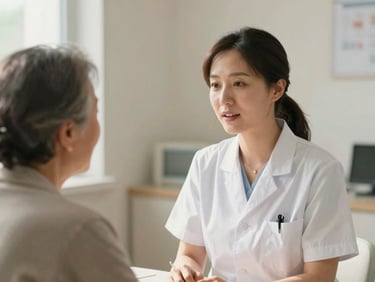A female healthcare professional in a clean, sunlit clinic setting speaking gently to an elderly patient, soft natural daylight, warm muted tones, documentary style.