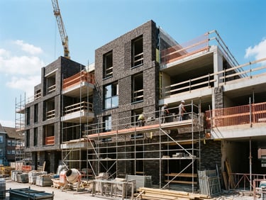 Crisp architectural photography of a Belgian modern brick building under construction, bright natural daylight, high-contrast industrial tones, sharp focus, 35mm lens