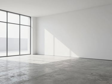 Pristine, dust-free minimalist modern room with concrete floors, large windows with natural light, sharp architectural focus