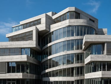 Crisp architectural photography of a modern concrete building structure under bright daylight, industrial lines, sharp focus, 35mm lens