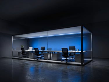Premium dark-mode editorial photography of a modern high-tech office in Munich, dramatic low-key studio lighting, deep charcoal and electric blue tones, anamorphic lens